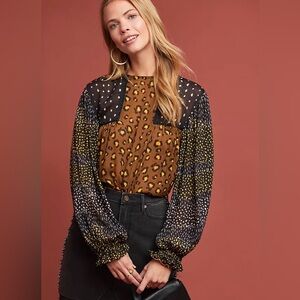 Anthropologie Bl^nk Miranda Leopard Print Peasant Blouse